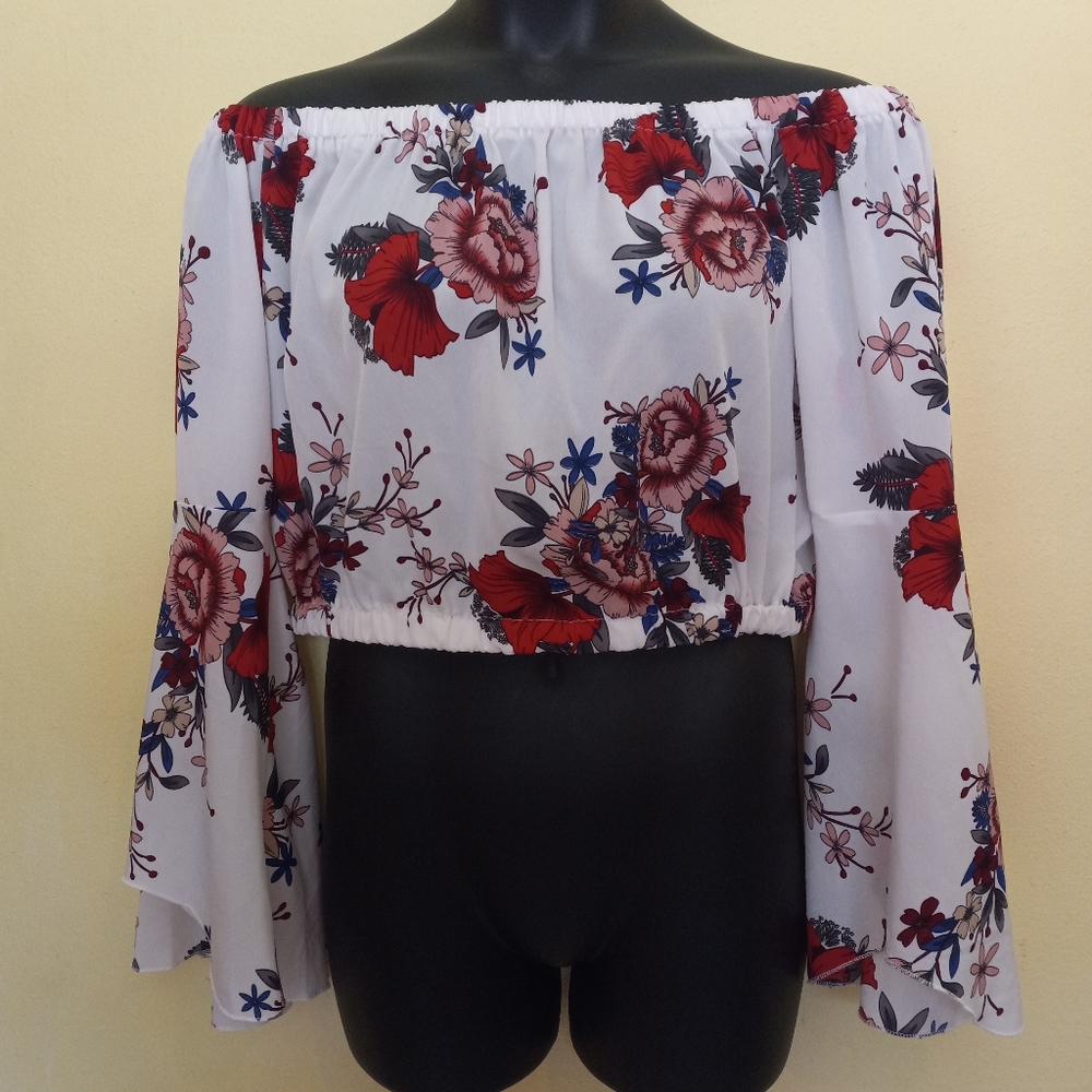 Floral Print Long Sleeve Bardot Blouse 2XL